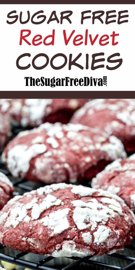 Great recipe for sugar free red velvet cookies!  Read more at:  thesugarfreediva.com/ Copyright ©  thesugarfreediva.com Sugar Free Red Velvet Cookies, Christmas Red Velvet, Valentines Recipes Desserts, Velvet Cookies, Sugar Free Baking, Sugar Free Recipes Desserts, Red Velvet Cookies, Low Carb Cheesecake, Sugar Free Cookies