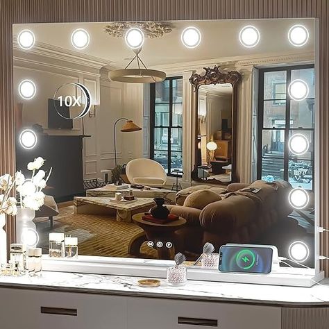 Amazon.com - Hasipu Vanity Mirror with Lights, 32" x 24" Makeup Mirror, Light up Mirror with 14 Dimmable LED Lights and 10X Magnification, 3 Colors Modes, Touch Control, USB Charging Port, White Light Up Mirror, Hollywood Vanity Mirror, Vanity Mirror With Lights, White Wall Mirrors, Led Makeup Mirror, Lighted Vanity Mirror, Mirror Light, Makeup Mirror With Lights, Dimmable Led Lights