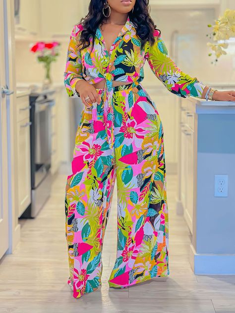 2 Piece Sets Women Print Tie Up Shirt & Wide Leg Pants Sets - AliExpress 200000345 Tie Up Shirt, 2piece Outfits, Mid Waist Pants, Fashionable Clothes, Junior Outfits, Shirt Long Sleeve, African Fabric, Straight Pants, Fashion Colours