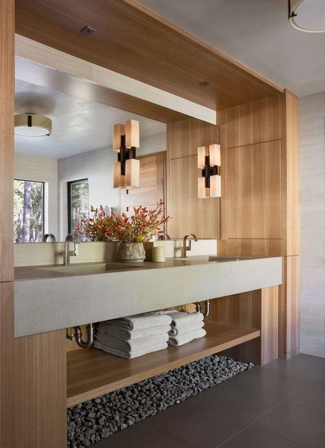 Brown Design Group | Expert Interior Design Solutions Bathroom With Double Vanity, Contemporary Bathroom Decor, Mccall Idaho, Modern Lake House, Zen Bathroom, Contemporary Bathroom Designs, Chris Rock, Curved Staircase, Double Vanity Bathroom