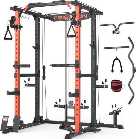 FEIERDUN Multi-Function Squat Rack Power Cage FLA01 with Cable Crossover System, 2000LBS Capacity Power Rack and Packages with Optional Weight Bench,... Garage Home Gym, Mini Home Gym, Complete Body Workout, Cable Crossover, Dip Station, Barbell Set, Dip Bar, Leg Machines, Barbell Weights