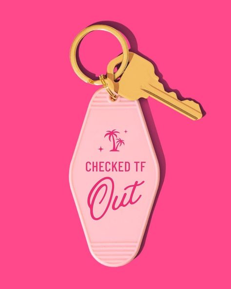 Photo by Shamblen Studios | Branding & Marketing Templates on April 12, 2024. An image of a vintage hotel key with palm trees and text that says 'CHECKED TF Out'. Hotel Key Illustration, Vintage Hotel Key, Promo Graphic Design, Hotel Campaign, Hotel Graphic Design, Hotel Branding Design, Hotel Keys, Hotel Theme, Hens Weekend