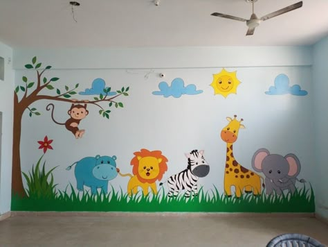 Daycare Wall Art Ideas, Wall Painting For Nursery School, Wall Paint Designs For Preschool, Daycare Wall Decoration Ideas, Wall Painting Ideas For Preschool, Preschool Mural Ideas, Kindergarten Wall Painting Ideas, Daycare Wall Murals, Daycare Wall Painting Ideas