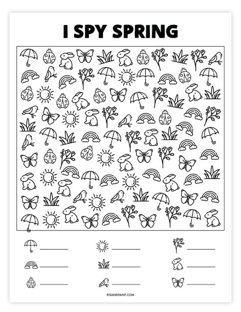 Spring I Spy, Spring Word Search, Spring Worksheet, Writing Practice Sheets, Handwriting Practice Worksheets, Spring Games, Spring Words, I Spy Games, Preschool Tracing