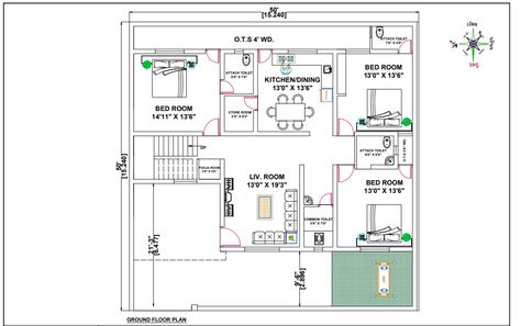 This is 50 x 50 house plan with all amenities Room Store, Bungalow House, Bungalow House Design, Ground Floor Plan, Pooja Rooms, House Plan, Bungalow, House Plans, Kitchen Dining