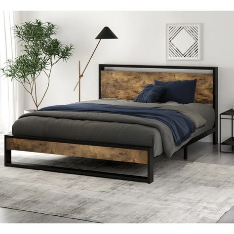 Millwood Pines Lukka Bed & Reviews | Wayfair Industrial Headboard, Queen Size Metal Bed Frame, Queen Platform Bed Frame, Wood Platform Bed Frame, Full Size Bed Frame, Full Bed Frame, Wooden Headboard, Queen Platform Bed, Bed Dimensions