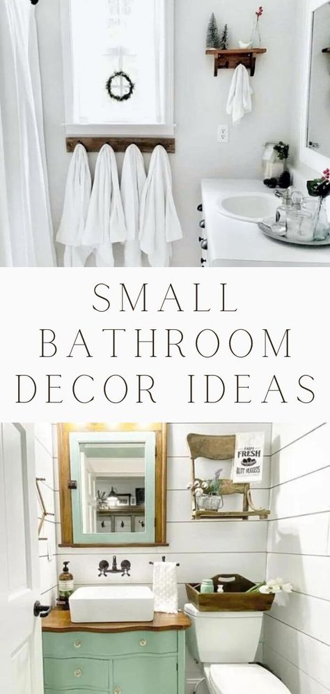 If you're looking for small bathroom decor ideas for your farmhouse, look no farther. We have some great small bathroom remodel ideas that you'll love. Our friends have some perfect tiny bathroom decorating ideas and we can't wait to show them to you. A powder room can be dolled up. New sink cabinetry, a clawfoot bathtub, shelving and tiling can all be additions to a small bathroom remodel. Small Bathroom Remodel Ideas, Small Bathroom Decor Ideas, Small Farmhouse Bathroom, Small Apartment Bathroom, Bathroom Remodel Ideas, Toilet Room, Bad Inspiration, Interior Minimalista, Small Bathroom Ideas On A Budget