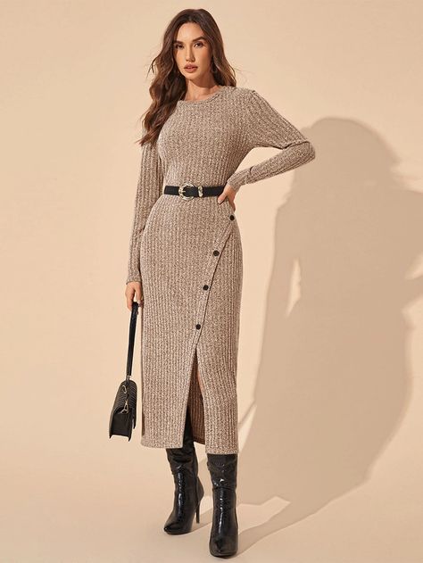 SHEIN Unity Ribbed Knit Button Front Split Hem Dress Without Belt | SHEIN USA Split Hem Dress, Corporate Fashion, Ribbed Knit Dress, Ribbed Dresses, Women Long Dresses, Knit Sweater Dress, Hem Dress, Split Hem, Women Dresses