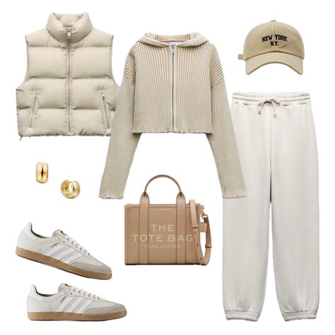 #falloutfit Cream Jogger Pants Outfit, Beige Joggers Outfit, Beige Joggers Outfit Women, Fall Outfit 2023, Beige Joggers, Joggers Outfit Women, White Cropped Jacket, Comfy Fall Outfits, Jogger Pants Outfit