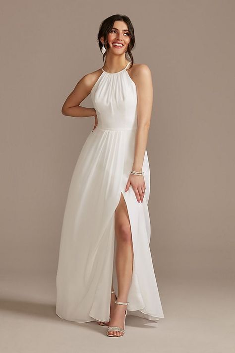 Chiffon A-Line Wedding Dress with Tie Back | David's Bridal Halter Neck Wedding Dress, Outdoor Wedding Dress, Neck Wedding Dress, Davids Bridal Dresses, Long White Dress, A Line Wedding Dress, Tea Length Dresses, Long Wedding Dresses, Dress With Tie