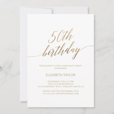 Elegant Gold Calligraphy 50th Birthday Invitation | #calligraphymilestonebirthday #dramaticadultbirthdayforwomen #modernchic #romanticminimalistk023 #whimsicaltypography #elegant50thbirthdayparty #fallfifty #simple50b-daycelebration #neutralfiftieth #goldfoil 90th Birthday Invitations, Whimsical Typography, 70th Birthday Invitations, Simple Birthday Party, Black Calligraphy, 80th Birthday Invitations, Teenager Birthday, Minimalist Card, 21st Birthday Invitations