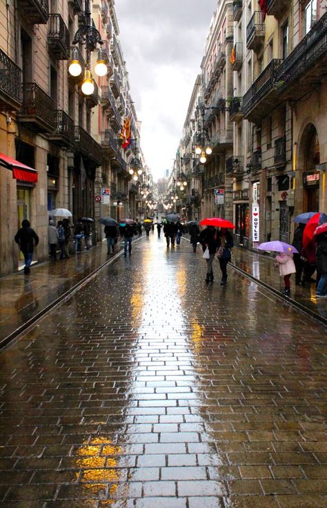 streets of barcelona-espana Rainy Streets, Barcelona Streets, Rainy Street, Southern Europe, World Travel, Old City, Wish List, Coffee Break, Our World