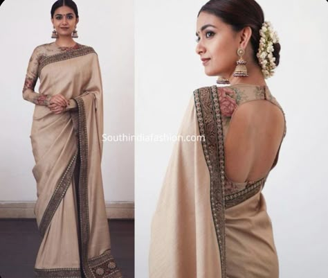 Tamil Saree, Gajra Bun, Full Sleeves Blouse, Beige Saree, Gold Jhumkas, Swag Dress, Sabyasachi Sarees, Blouse Designs High Neck, Saree Blouse Neck Designs