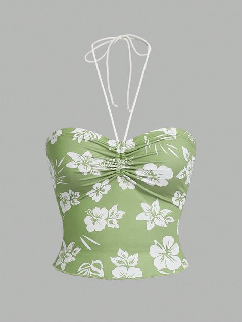 SHEIN MOD Women  Botanical Printed Halter Neck Drawstring TopI discovered amazing products on SHEIN.com, come check them out! Green Summer Outfit, Y2k Street Style, Cute Outfits With Leggings, Verde Lima, Drawstring Top, 2000s Fashion Outfits, Boho Green, Easy Trendy Outfits, Fabric Floral