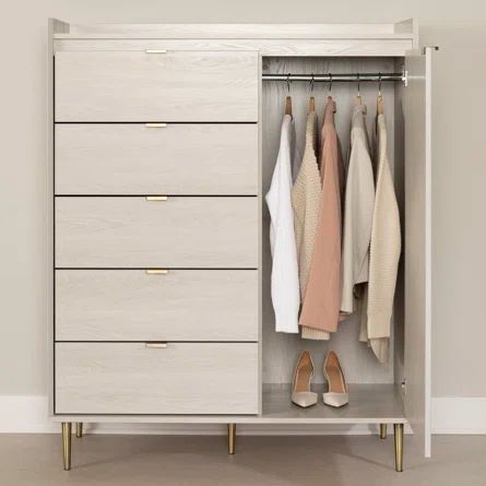 South Shore Hype 5 Drawer 44.5'' W Combo Dresser | Wayfair Mini Closet, Dresser Wood, Door Chest, Clothes Rod, Wood Armoire, 5 Drawer Dresser, Wooden Wardrobe, Metal Slide, White Doors