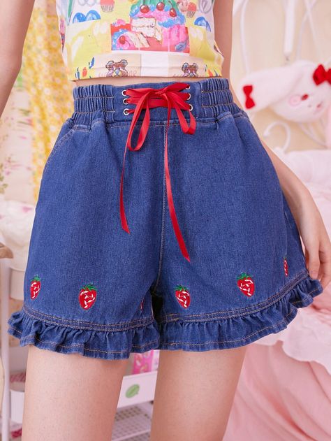 ROMWE Kawaii Strawberry Embroidery Ruffle Hem Denim Shorts | SHEIN USA Kawaii Summer Outfits, Strawberry Clothing, Strawberry Outfit, Strawberry Embroidery, Kawaii Shorts, Kawaii Strawberry, Short Jeans, Looks Chic, Denim Shorts Women