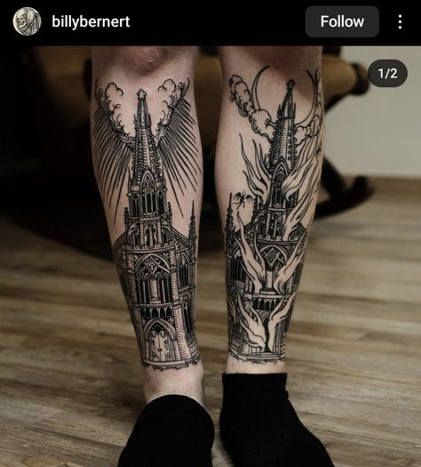 Babel Tattoo, Cathedral Tattoo, Woodcut Tattoo, Shin Tattoo, Medieval Tattoo, Pieces Tattoo, Chest Piece Tattoos, Creepy Tattoos, Back Tattoos For Guys