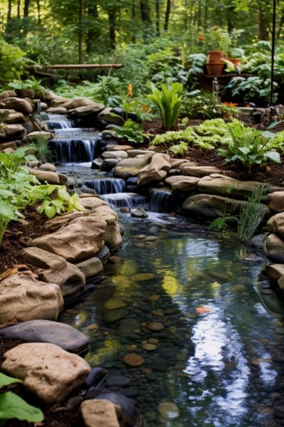 How To Build A Backyard Stream - Water Garden Advice Backyard Water Stream, Sloped Backyard Garden Ideas, River Water Feature, How To Build A Creek, Garden Stream Water Feature, Cottage Garden Pond Ideas, English Garden Water Feature, Backyard Waterfall And Stream, Pond Stream Ideas