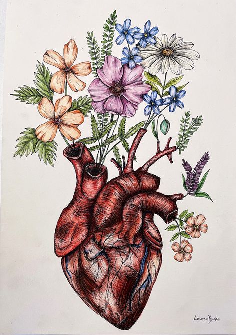 Heart With Flowers Growing Out Of It, Heart Drawing With Flowers, Brain And Heart Drawing, Floral Heart Drawing, Human And Nature Art, Flower Drawing Background, Heart Art Drawing, Anatomy With Flowers, Anatomy Flowers