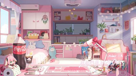 Anime Places, Bedroom Drawing, Cute Laptop Wallpaper, Image 3d, Japon Illustration, Anime Room, Pink Room, Everything Pink, Kawaii Wallpaper