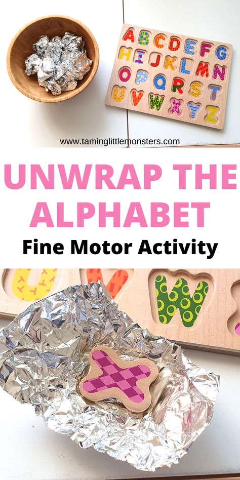 Alphabet Puzzle Fine Motor Activity for Kids. Turn a regular wooden puzzle into a fun play idea that helps toddlers and preschoolers to develop fine motor skills. This is an easy hands on learning activity to help kids learn their ABC's. #alphabet #finemotor #toddlers #preschoolers Montessori Letter Activities Preschool, Letter E Activity For Preschoolers, Alphabet Activity For Toddlers, Color Popsicle Stick Activity, Letters Activities For Toddlers, Ways To Teach Alphabet Preschool, Alphabet Activity For Kids, Early Literacy Activities For Toddlers, Toddler Abc Activities