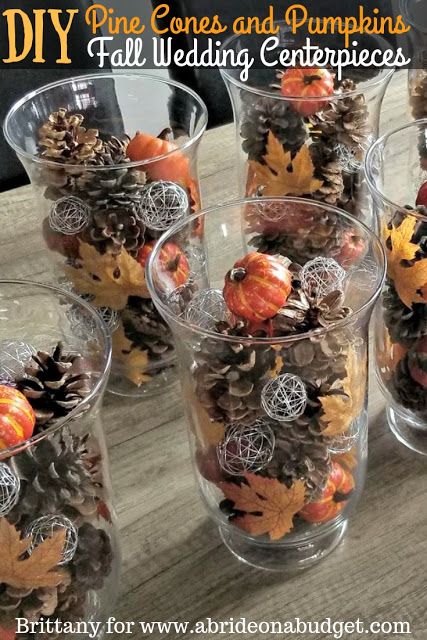 If you're planning a fall wedding, you need to make these DIY Pine Cones And Pumpkins Fall Wedding Centerpieces. Find out how on www.abrideonabudget.com. Diy Fall Wedding Decorations, How To Dress For A Wedding, Fall Wedding Diy, Diy Pinecone, Unique Wedding Flowers, Fall Wedding Centerpieces, Wedding Floral Centerpieces, Wedding Centerpieces Diy, Fall Wedding Decorations