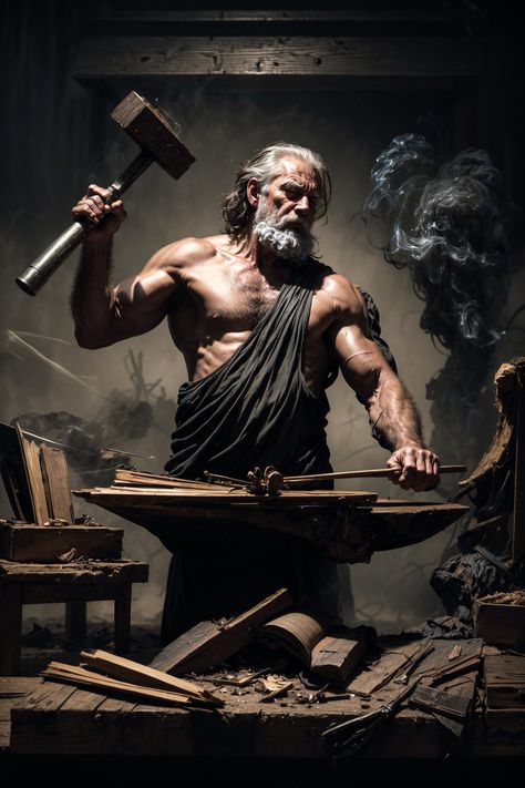 Behold Hephaestus, the sculptor of divine armaments, his muscles taut as he wields the hammer with celestial skill. This image captures the raw power and focused intensity of the god who forges thunderbolts, a timeless representation of divine craftsmanship. Pin this as an ode to the artisans and creators who value the might of creation. #OlympianCraftsman #DivineBlacksmith #MythicArtistry Hephaestus God, Legends And Myths, Roman Mythology, Greek God, Greek Gods, Blacksmithing, Sculptor, Muscles, Rome