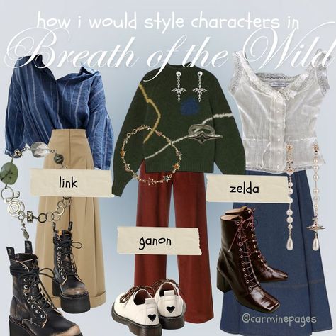 breath of the wild has my heart <33 here’s how i would style the main three! i’m thinking of styling more botw characters in the future when i’ll have more time :) tags 🏷️ #books #book #moodboard #videogames #videogame #zelda #link #ganon #botw #totk #oitfit #outfits #fashion #aesthetic #fall #autumn #school #uni #literature #fyp #fy #pinterest #pinterestaesthetic Legend Of Zelda Inspired Outfits, Legend Of Zelda Outfits, Ganon Botw, Botw Characters, Zelda Outfits, Link Ganon, Zelda Aesthetic, Autumn School, Link Zelda