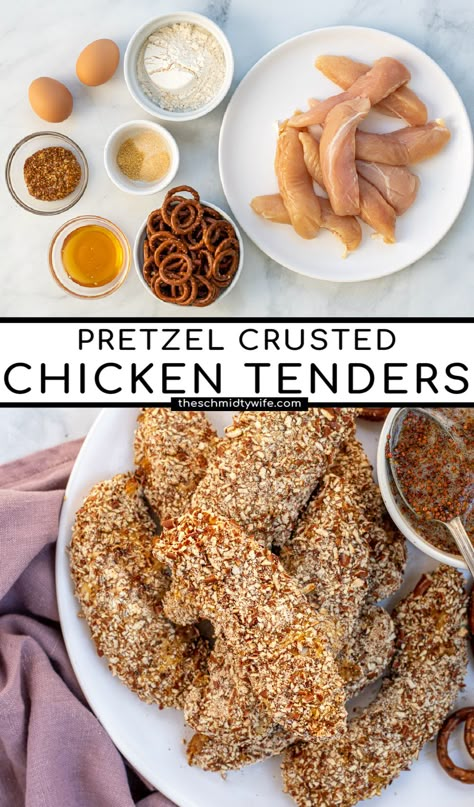 A great weeknight family meal, Pretzel Crusted Chicken Tenders. Make these fun and delicious chicken tenders the whole family will love in under 30 minutes! Pretzel Chicken Tenders | Pretzel Chicken Fingers | Baked Chicken Tenders | Chicken Dinner Ideas | Chicken Fingers Pistachio Crusted Chicken, Pretzel Chicken, Pretzel Crusted Chicken, Chicken Fingers Baked, Panko Crusted Chicken, Crusted Chicken Tenders, Chicken Tenders Recipe, Coconut Baking, Honey Mustard Dipping Sauce