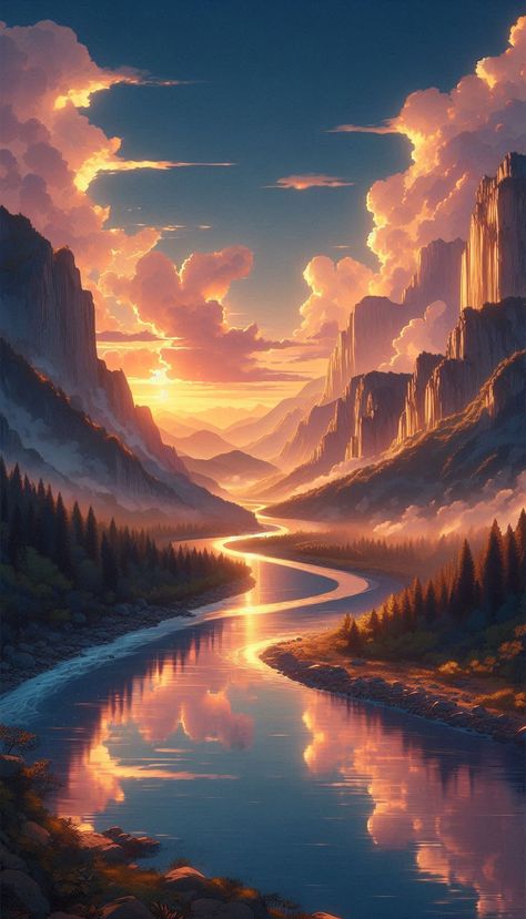 Breathtaking Canyon Oasis
Step into an enchanting world where fantasy and reality blend. Winding rivers, towering mountains, and warm golden light all come together to create a truly magical scene. #animeart #PixarStyle #4KWallpaper #natureart #fantasyworld #canyonlife #riverbank #mountains #goldenhour Fantasy Mountain Range, Fantasy And Reality, Cute Pink Background, Most Beautiful Images, Golden Light, Golden Lights, Mountain Range, Fantasy World, Pink Background