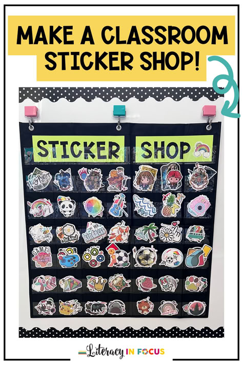 Here's what you need to make a sticker store for your elementary or middle school classroom! Make your sticker store portable with this pocket chart and heavy duty whiteboard hooks. Plus, tons of the best sticker finds on Amazon are included! Check it out today! Elementary School Store Ideas Student, Classroom Sticker Organization, Sticker Shop Classroom, Check In Classroom Ideas, Classroom Wishlist Display, Class Sticker Store, Shein Classroom Finds, Classroom Portable Ideas, Surprise And Delight Ideas Classroom