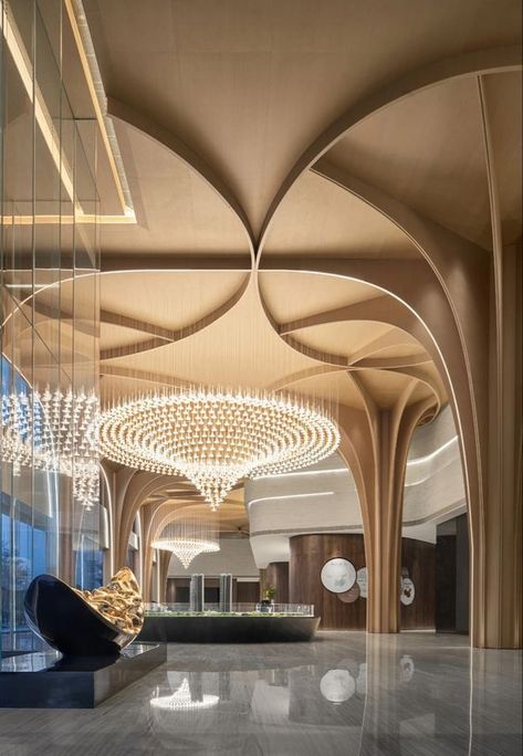 Elegant Ceiling Design, Colourful Ceiling, Classic Ceiling Design, Column Cladding, Terminal Bus, Ceiling Design Ideas, Hotel Lobby Design, Column Design, Parametric Design