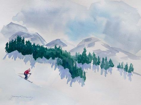 Ski Card, Skiing Art, Ski Pictures, Ski Art, Snow Mountains, Winter Watercolor, Watercolor Christmas Cards, Winter Painting, Watercolor Mountains