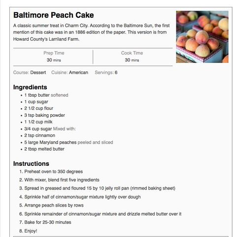 Baltimore Peach Cake Recipe, Peach Cake Recipe, Peach Cake Recipes, Peach Cake, Cake Frosting, Summer Treats, Cookie Cake, Melted Butter, Cake Recipe