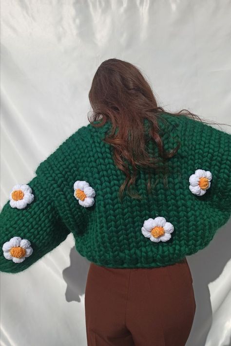 Fluffy Flowers, Hand Knit Cardigan, Cardigan Handmade, Flower Cardigan, Green Daisy, Cardigan Green, Crochet Winter, Chunky Cardigan, Knitted Cardigan