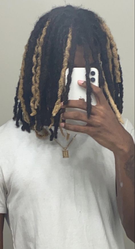 Loc Hair Color Ideas Men, Black Dreads With Blonde Highlights Men, Dye Locs Men, Skunk Patch Locs, Dreadlock Highlights, Dreadlock Color Ideas Men, Brown Dyed Dreads Men, Dreads With Blonde Tips, Dyed Dreads Men Tips