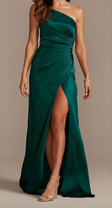 Galina Signature Bridesmaid, Bridesmaid Dress Color Schemes, Emerald Green Satin Dress, Off One Shoulder Dress, Jade Bridesmaid Dresses, Envelope Skirt, Green Satin Dress, Davids Bridal Bridesmaid Dresses, Emerald Bridesmaid Dresses