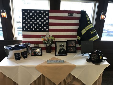 Fire Department Decorations Parties, Fireman Table Decorations, Fire Department Retirement Party Ideas, Retirement Party Firefighter, Retirement Party Ideas For Firefighter, Fire Company Banquet Ideas, Firefighter Party Decor, Fire Captain Promotion Party, Fire Dept Retirement Party Ideas