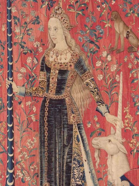 Dnd Unicorn, Historical Fashion Medieval, The Lady And The Unicorn, Middle Ages Art, Lady And The Unicorn, Courtly Love, Unicorn Tapestry, Unicorn Tapestries, Medieval Artwork