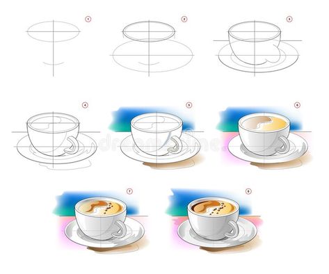 Food Watercolor Step By Step, Cup Sketch Drawings, Coffee Watercolor Painting Easy, Easy Watercolor Coffee Cup, Watercolour Coffee Cup, Cup Of Coffee Watercolor, How To Draw A Cup Of Coffee, Tea Cup Watercolor Painting, Coffee Cup Art Draw