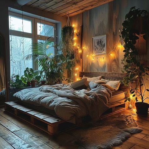 Led Boho Room, Boho Bedroom Wood, Wooden Bed Aesthetic, Chill Bedroom Aesthetic, Cosy Bedroom Aesthetic, Bed On Floor Ideas, Clown House, Bedroom Inspiration Cozy, Cowgirl Room