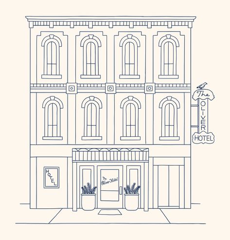 Hotel Drawing Illustration, Line Art Building Illustration, Hotel Illustration Building, Hotel Doodle, Building Illustration Architecture, Hotel Sketch, Coffee Shop Logo Ideas, Shop Logo Ideas, Hotel Illustration