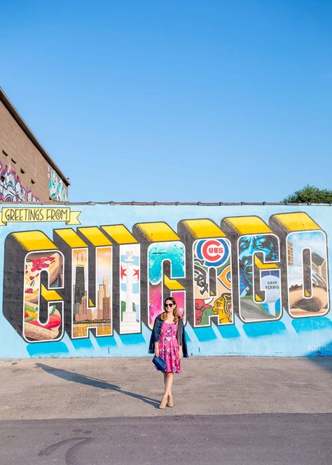 Greetings from Chicago Mural Chicago Murals, Chicago Street Art, New York Street Art, Chicago Hot Dog, Chicago Street, Lake Style, Flower Mural, New York Graffiti, Sidewalk Chalk Art