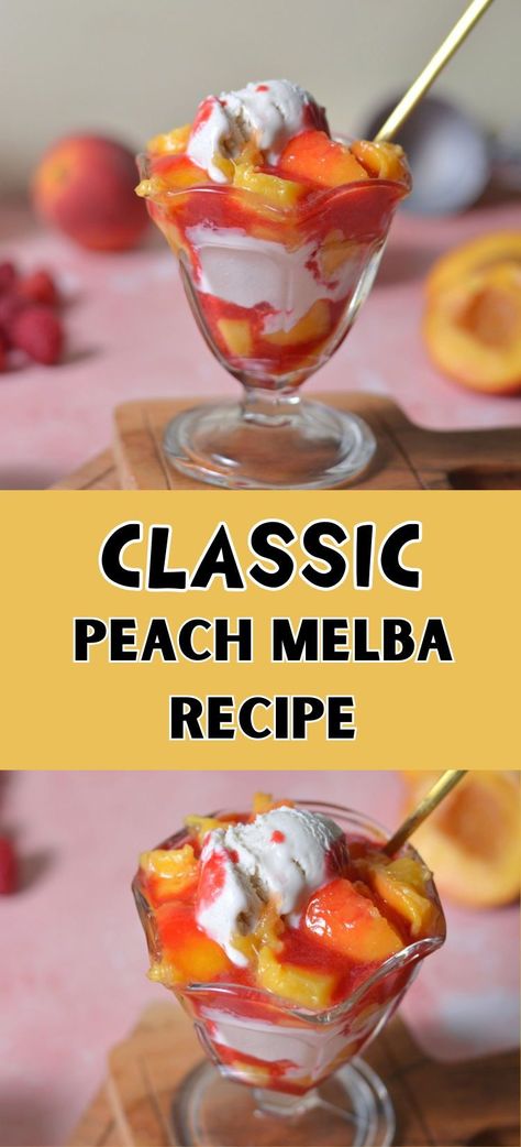 Indulge in the timeless elegance of our Classic Peach Melba Recipe. This exquisite dessert combines succulent peaches, velvety vanilla ice cream, and a luscious raspberry sauce for a symphony of flavors and textures. Drizzle with toasted almonds for a delightful crunch and garnish with fresh raspberries for a burst of color. Elegant, refreshing, and utterly delicious, our Peach Melba is a perfect finale to any meal. Treat yourself to a taste of culinary nostalgia with this iconic dessert! Peach Melba Ice Cream, Frozen Fresh Peaches Recipes, Peach Sauce For Ice Cream, Peach And Raspberry Recipes, Peach Pudding Recipes, Peach Dessert Recipes Summer, Melba Sauce Recipe, Melba Sauce, Peach Melba Dessert