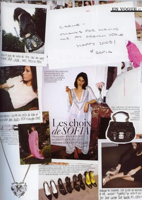 Sofia Coppola for VOGUE Paris 2004. Still in love with the subtle touches of pink, torn customized stationary, hand written note. lovely way to personalize and humanize an often not so relatable fashion magazine. Collage Magazine, Sophia Coppola, Paris December, Fashion Editorial Layout, Magazine Layout Inspiration, Fashion Magazine Layout, French Vogue, Harry Winston, Sofia Coppola