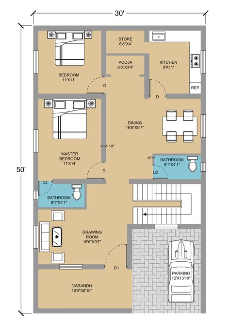 3 BHK PLAN size 30'X50' well furnished and dimensioned. 1 bedroom , living hall , dining area , kitchen , parking , toilet Contact for want such type of plans 9887086162 1200 Sq Ft House Plans 2 Bed 2 Bath Indian, 2bhk Plan, Civil Drawing, Dining Area Kitchen, Housing Plan, 30x50 House Plans, Square House Plans, House Structure, Flat Plan