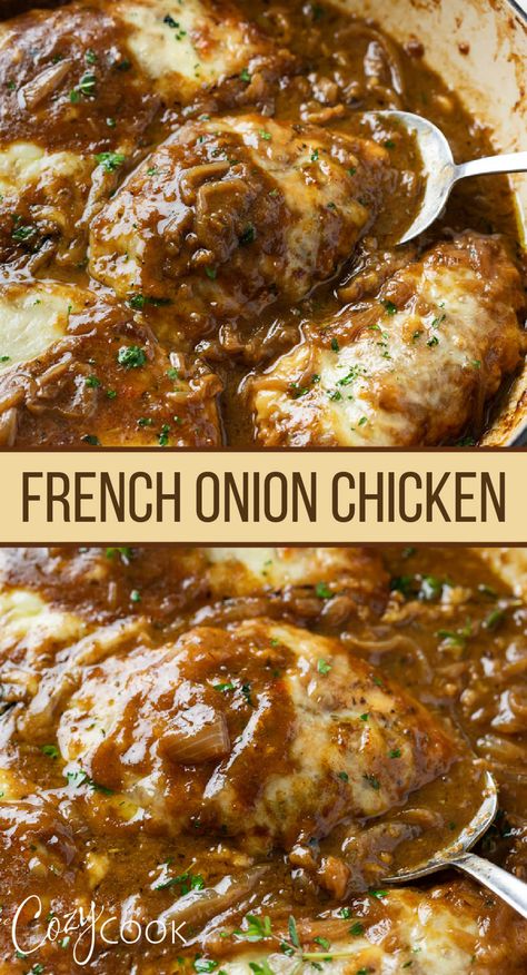 french onion chicken in a skillet French Onion Stuffed Chicken, French Chicken Recipes, Chicken Casserole Recipes, Gourmet Chicken, French Onion Chicken, Easy Skillet, With Mashed Potatoes, Onion Sauce, Gourmet Dinner