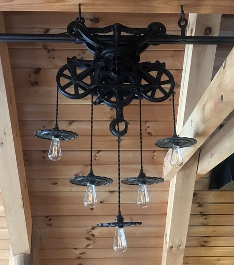 Hay Trolley Pendant Light Barn Loft Ideas, Chandelier Over Island, Hay Trolley, Pulley Pendant Light, Pulley Light, Relaxing Backyard, Rustic Light Fixtures, Tree House Designs, Kitchen Chandelier