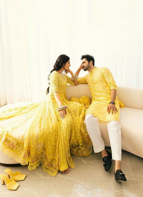 Pakistani Wedding Shoot, Mehndi Photoshoot, Ayeza Khan Danish Taimoor, Ayeza Khan And Danish Taimoor, Couple Dressing, Haldi Pose, Ayeza Danish, Wedding Matching Outfits, Celebrity Houses Interior