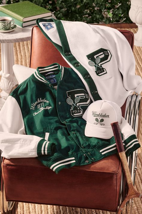 Boutique Content, Tennis Court Design, Wimbledon 2024, Ralph Lauren Wimbledon, Tennis Jacket, Mens Golf Fashion, Varsity Jacket Outfit, Tennis Aesthetic, Preppy Life